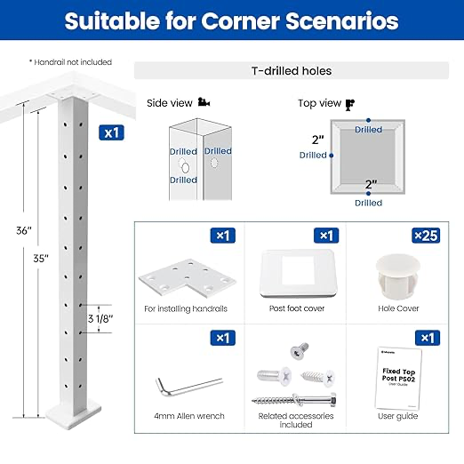 Muzata Corner Cable Railing Post 36 Inch 36"x2"x2" T-drilled One-Post Corner Solution Surface Mount White Stainless Steel Cable Railing System Kit Indoor Outdoor with Paper User Guide PS02 W34S - Image 3
