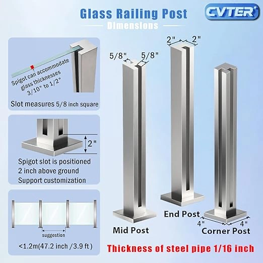 Glass Railing Post, No-Punch Heavy-Duty Glass Railing with Spigot Slots & Base, 304 Stainless Steel Clamp Bracket for Deck Balusters, Balcony, Patio, Stairs, Silver, 23.6in, 60cm - Image 3