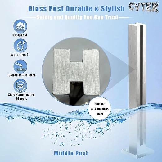 Glass Railing Post, No-Punch Heavy-Duty Glass Railing with Spigot Slots & Base, 304 Stainless Steel Clamp Bracket for Deck Balusters, Balcony, Patio, Stairs, Silver, 23.6in, 60cm Middle Post - Image 3