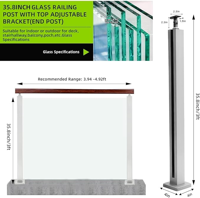 35.8" Glass Railing End Post with Top Adjustable Bracket for Handrails,304 Stainless Steel Glass Balustrade Post with Spigot Slots for Railing of Deck,Balcony,Attic,Staircase (Silver) - Image 5
