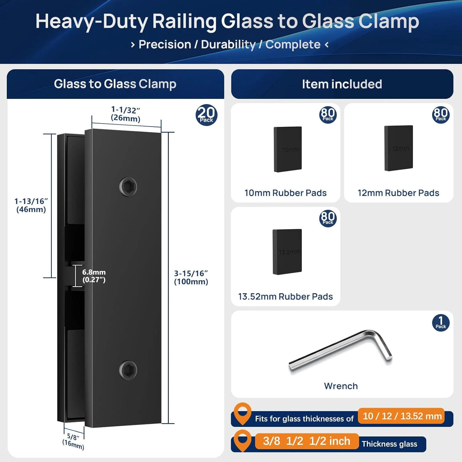 LukLoy 20 Pack 180 Degrees SS304 with Outdoor Black Powder-Coated Railing Glass to Glass Clamp Fit for 3/8"-1/2"(10mm-13.52mm), Clamp Bracket Rail System for Pool Fence, Balcony, Deck, Balustrade - Image 2