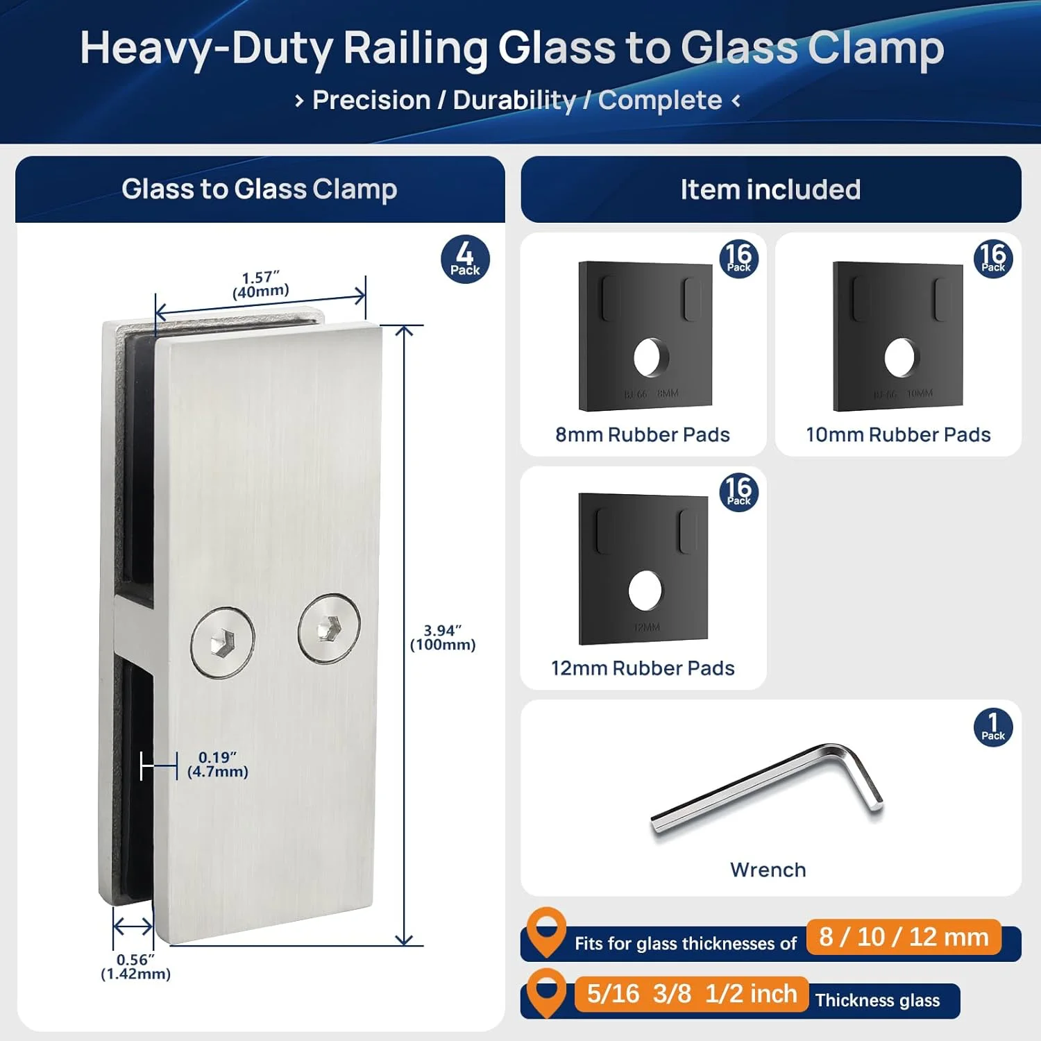 LukLoy Railing Glass to Glass Clamp, Stainless Steel 304 Bracket for Glass Balustrade Railing Pool Fence (4 Pieces 180°) - Image 4