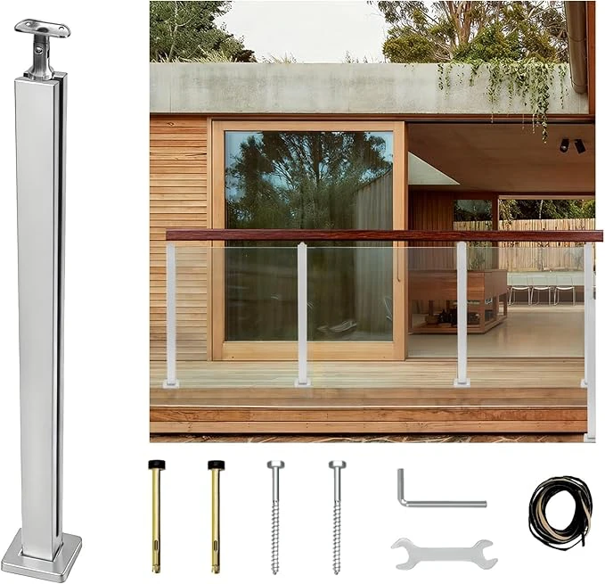 35.8" Glass Railing End Post with Top Adjustable Bracket for Handrails,304 Stainless Steel Glass Balustrade Post with Spigot Slots for Railing of Deck,Balcony,Attic,Staircase (Silver)
