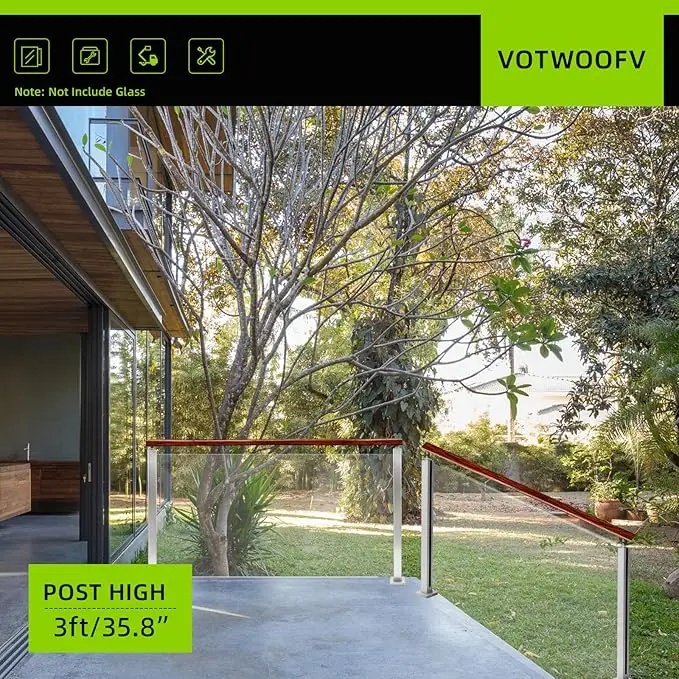 35.8" Glass Railing End Post with Top Adjustable Bracket for Handrails,304 Stainless Steel Glass Balustrade Post with Spigot Slots for Railing of Deck,Balcony,Attic,Staircase (Silver) - Image 3